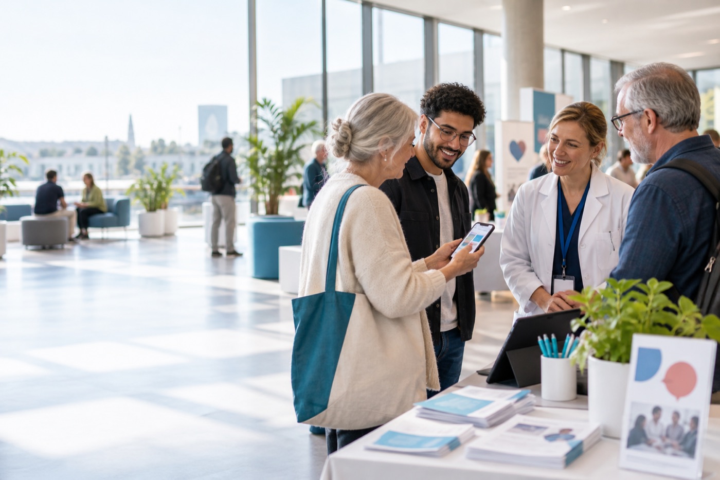 Besucherinnen und Besucher im Austausch bei einem modernen Gesundheitstag